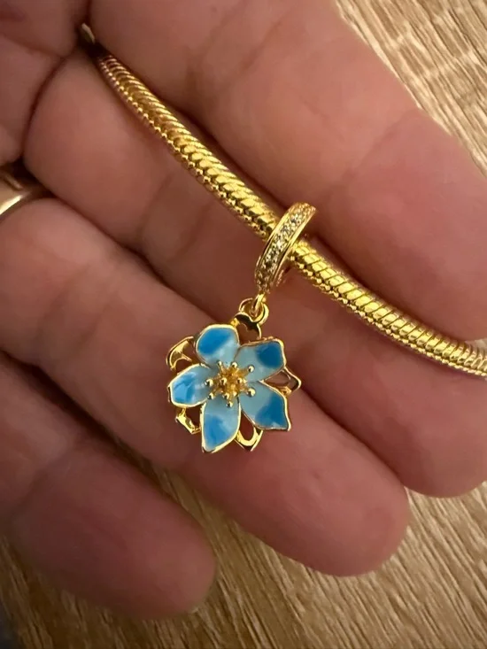 Gold Blue Enamel Flower Charm Pendant - Picture 3 of 5